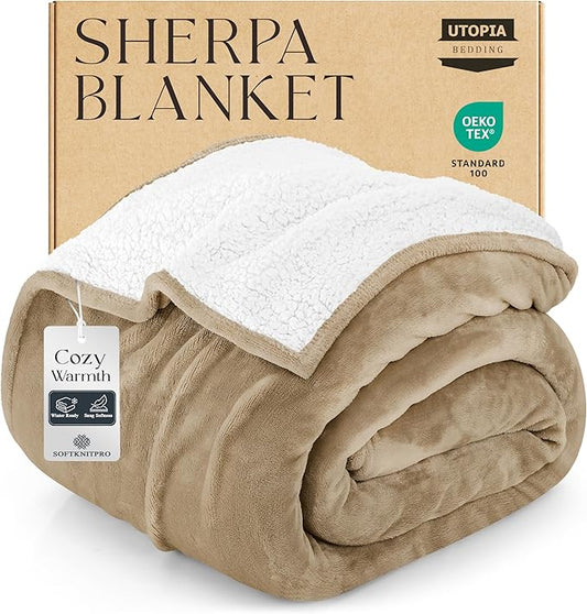 Utopia Bedding Sherpa Blanket Twin Size (Camel, 60x80 Inches) - Soft Lightweight Plush Fleece Reversible Winter Blanket for Bed, Sofa, Couch, Camping and Travel