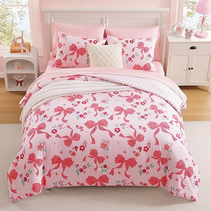 Full Size Comforter Set for Girls, Pink Bow Bedding Set with Cute Floral, All Season Kids Bed in a Bag 7 Pieces with Sheets, Pillowcases & Shams