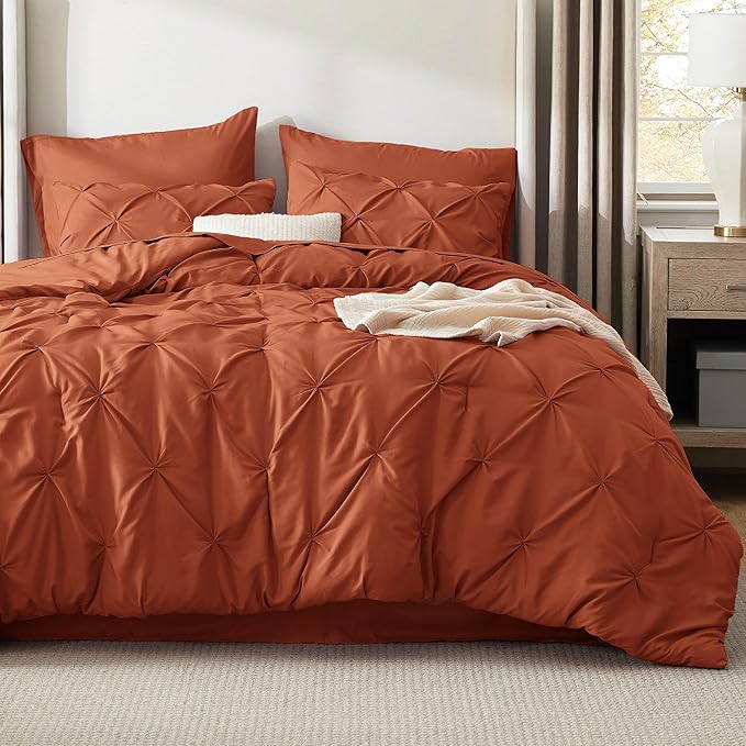 Bedsure Full Comforter Set Burnt Orange - Bed in a Bag Full Size Bedding Set 7 Pieces, GentleSoft™ Pintuck Bed Set Gift for Family, Pinch Pleat All Season Comforter with Sheets, Pillowcases & Shams
