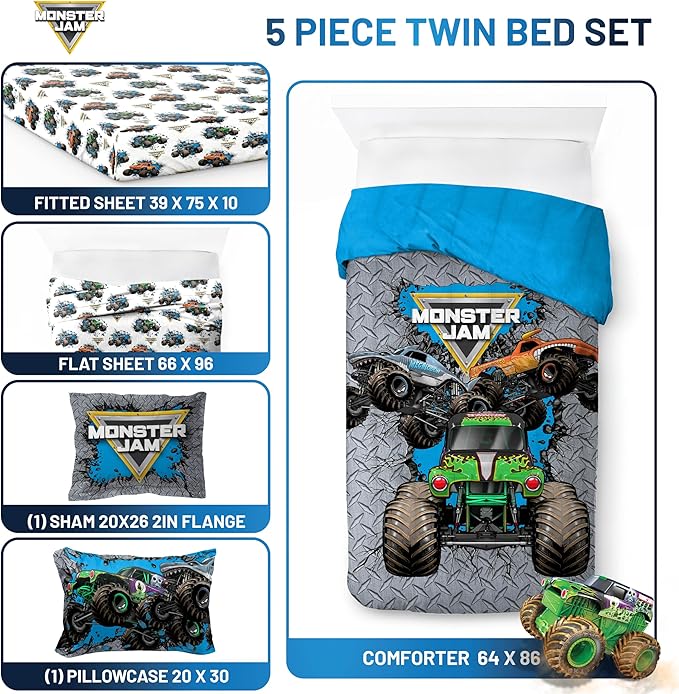 Jay Franco Kids Comforter Set Includes Sheets and Pillow Covers - Soft and Cozy Bed Set for Stylish Room Decor, Gray - Monster Jam 01, 5 Piece Twin Size Bedding