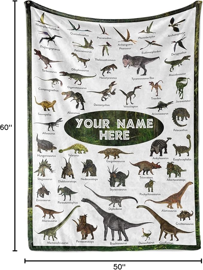 Personalized Dinosaur Blanket for Kids, Ships Next Day - Dino Throw Blanket for Boys and Girls, Toddler Bed, Room & Bedroom Decor - Educational Blankets for Children - USA Based (50x60, Sherpa)