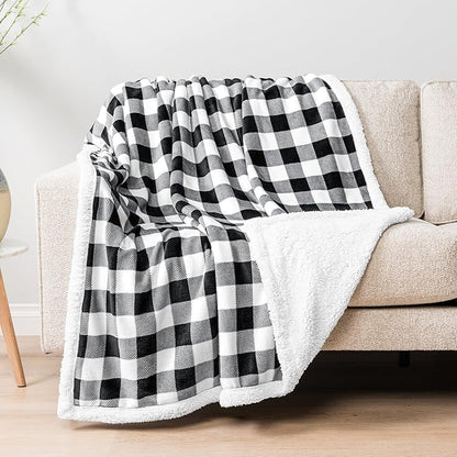 PAVILIA Black and White Buffalo Plaid Sherpa Throw Blanket for Couch Twin, Soft Fuzzy Flannel Blanket for Bed, Plush Checkered Fleece Blanket and Throws, Warm Thick Winter Blanket Gift, 60x80