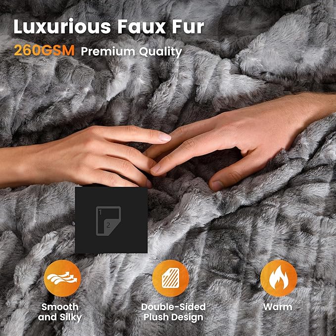 WOOMER Heated Blanket Twin Size 62" x 84", Electric Blanket with 0.5-12 Hours Timer & 10 Heating Levels, ETL Certified, Marble Gray Double-Sided Faux Fur, Over-Heat Protect, Machine Washable
