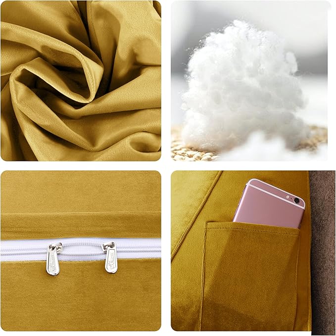 WOWMAX 100% Cotton Velvet Headboard Pillow – King Size Wedge Back Support Reading Bolster for Bed & Daybed, Handmade Firm Support Cushion with Removable Cover, Soft Luxury Bed Rest Pillow, Yellow