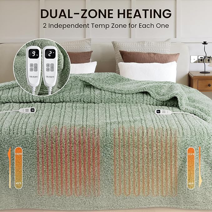 Heated Blanket Electric Blanket Queen - Fast Heating Blanket Throw Dual Control Double Sided Sherpa with 6 Heating Levels & 1-10 Hours Auto Off, Mashine Washable, 84 x 90 Inches, Sage