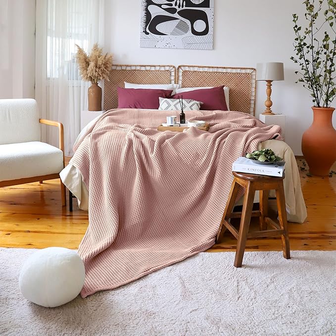 Premium Waffle Blanket Twin Size Pink - Premium Quality, 100% Turkish Cotton, Light and Airy Waffle Weave All-Season Quilt - Luxury Decorative Bedspread (Pink Powder, Twin 63" x 91" Inch)