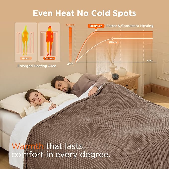Bedsure GentleSoft Electric Blanket Queen Size - Soft Ribbed Flannel Heated Blanket with Dual Control, Heating with 10 Heat Settings & 10 Time Settings, 8 hrs Timer Auto Shut Off (84x90 inches, Brown)