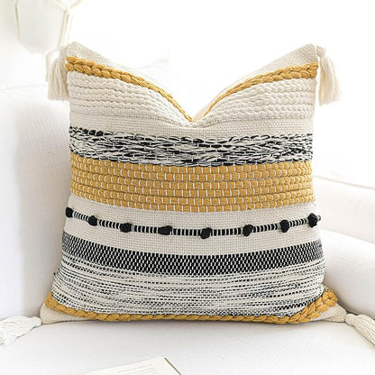 BlissBlush Boho Decorative Throw Pillow Cover 22x22 Square Yellow Mustard Accent Pillowcase Tassels Farmhouse Cushion for Couch Sofa Bedroom Living Room Home Décor Cover ONLY (Pack of 1)