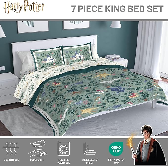 Jay Franco Kids Comforter Set Includes Sheets and Pillow Covers - Soft and Cozy Bed Set for Stylish Room Decor, Official Licensed Product, Green - Harry Potter, 7 Piece King