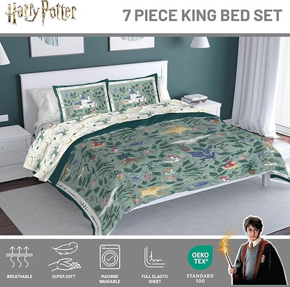 Jay Franco Kids Comforter Set Includes Sheets and Pillow Covers - Soft and Cozy Bed Set for Stylish Room Decor, Official Licensed Product, Green - Harry Potter, 7 Piece King