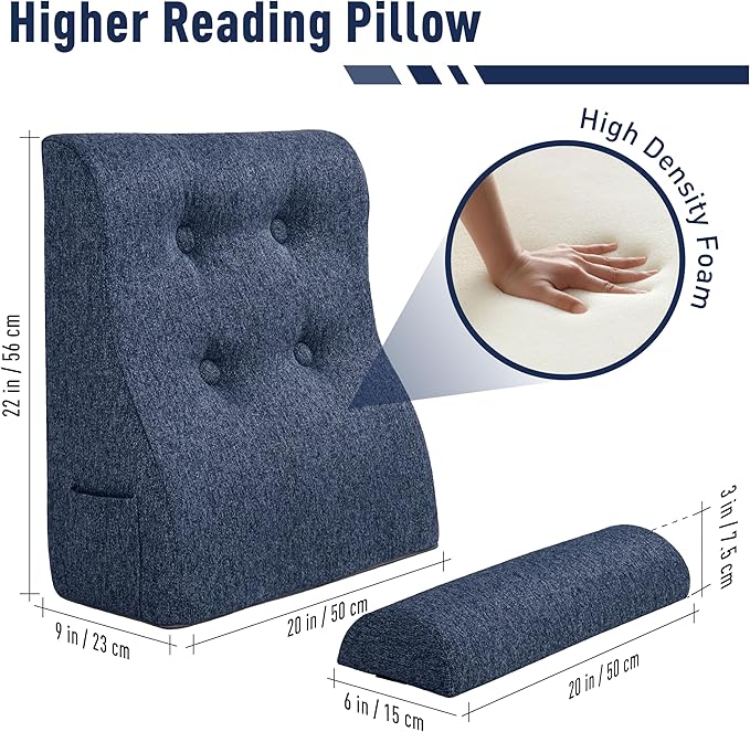 Daneey Reading Pillows for Sitting in Bed Adult Back Pillow Sitting Up, Back Support Pillow for Bed, Foam Wedge Pillow for Neck, Lumbar, Back, Blue, 20 * 9 * 22IN