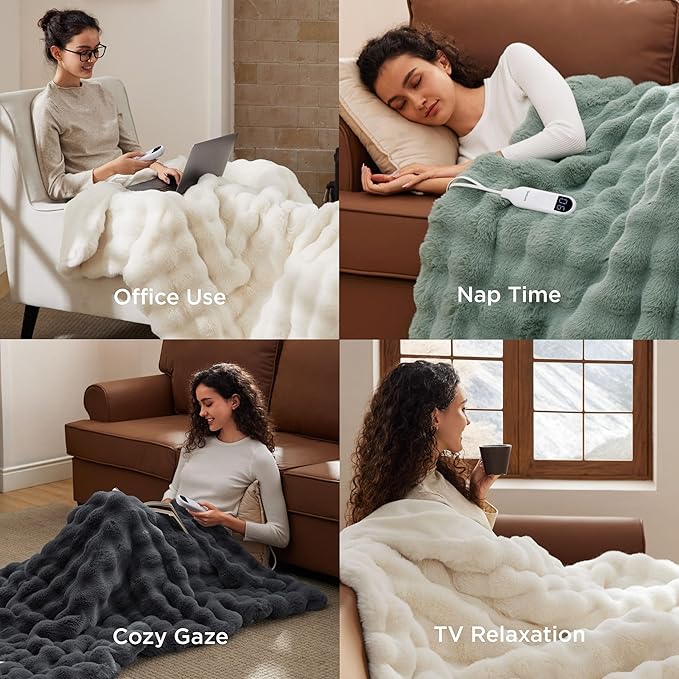 Bedsure Fluffy Bubble Faux Fur Heated Blanket Throw - Super Soft Electric Blanket, Heating with 6 Heating Levels, 4 Time Settings, 3-Hour Auto-Off, Decor Gifts for Home, Grey, 50x60 inches