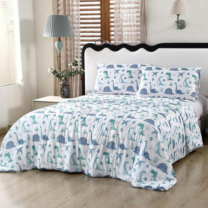 SDIII Dinosaur Comforter Twin 3 Pieces, Silky Breathable Microfiber and Spandex, Cute Dinosaur Bedding Twin Set for Boys Girls Kids and Teens