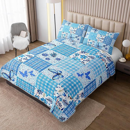 QOOMO Patchwork Quilt Set Twin Size,Floral Bedspread Coverlet Set,Butterflies 3Pcs Bedding Set Printed Quilt with 2 Pillowcases,Soft and Lightweight,for All Seasons