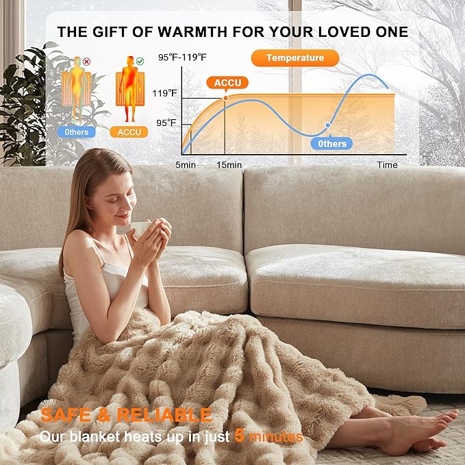 Heated Throw Blanket - Plush Thick Bubble Faux Fur Heated Blanket, Fast Heating Electric Blanket 6 Heating Levels & 4 Hours Auto-Off, Machine Washable, 50"x60", Oatmeal