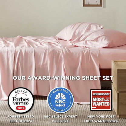 Bedsure Queen Sheet Set, Rayon Derived from Bamboo, Cooling Sheets, Breathable & Soft, Deep Pocket Up to 16 Inches, Hotel Luxury Silky Bedding for Hot Sleepers, Pink