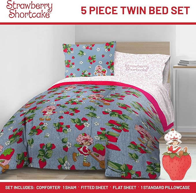 Jay Franco Kids Comforter Set Includes Sheets and Pillow Covers - Soft and Cozy Bed Set for Stylish Room Decor, Blue - Strawberry Shortcake. 5 Piece Twin Size Bedding