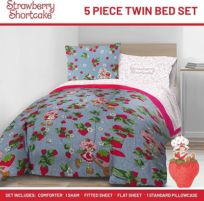Jay Franco Kids Comforter Set Includes Sheets and Pillow Covers - Soft and Cozy Bed Set for Stylish Room Decor, Blue - Strawberry Shortcake. 5 Piece Twin Size Bedding