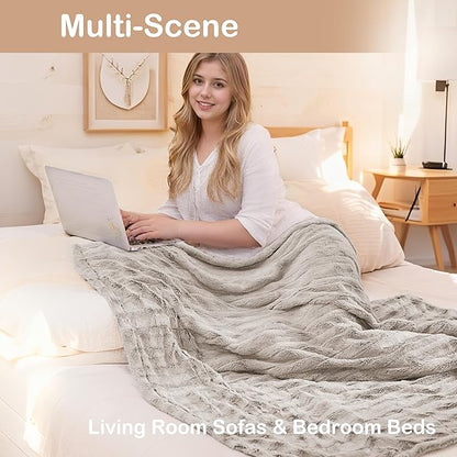 Electric Heated Blanket Throw Size 50" x 60", Super Cozy Warmth Soft with 4 Heating Levels & 10 Hours Auto Off, Plush Faux Fur, Machine Washable, Home Office Use,Light Brown