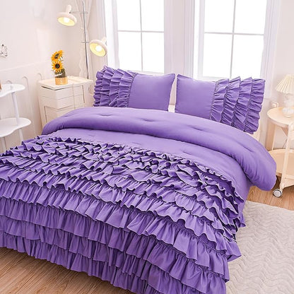 MWMWMW Girls Comforter Set Queen, Lavender Ruffle Bedding Set Queen, Girls Purple Bedding Sets with 1 Fitted Sheets, 1 Flat Sheet, 1 Comforter, 2 Pillowcases