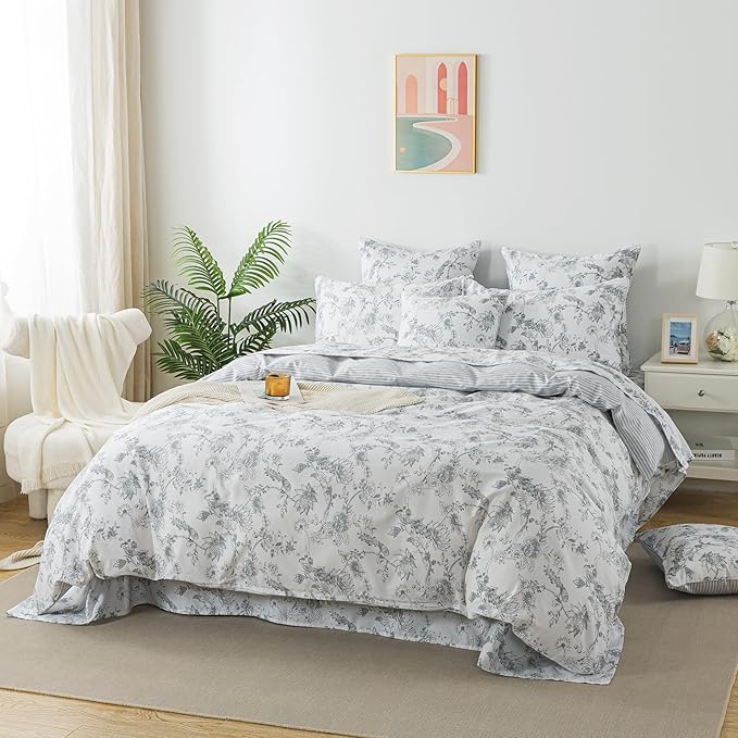 FADFAY Gray and White Duvet Cover Set Twin Shabby White Floral Bedding Vintage Bird Farmhouse Bedding Rustic Peacock Quilt Cover 100% Cotton Comforter Cover with Hidden Zipper Closure 3Pcs, Twin Size