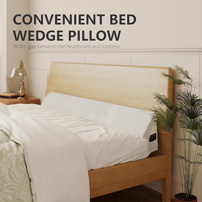 Bed Wedge Pillow for Headboard Gap Bed Mattress Gap Filler (0-8") Between Headboard/Wall and Mattress White King Size Foam Support Triangle Bloster Pillow Stoppers with 2 Pockets