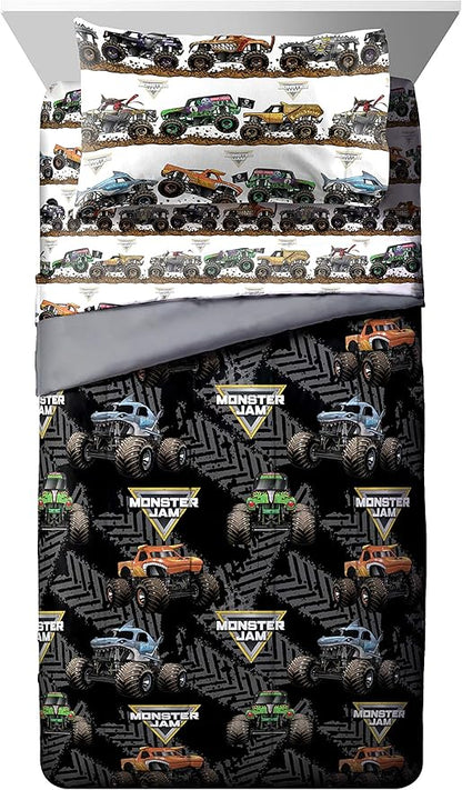 Jay Franco Monster Jam Tracks 5 Piece Full Bed Set - Includes Comforter & Sheet Set - Bedding Features Grave Digger &,Megalodon - Super Soft Fade Resistant Microfiber (Official Monster Jam Product)