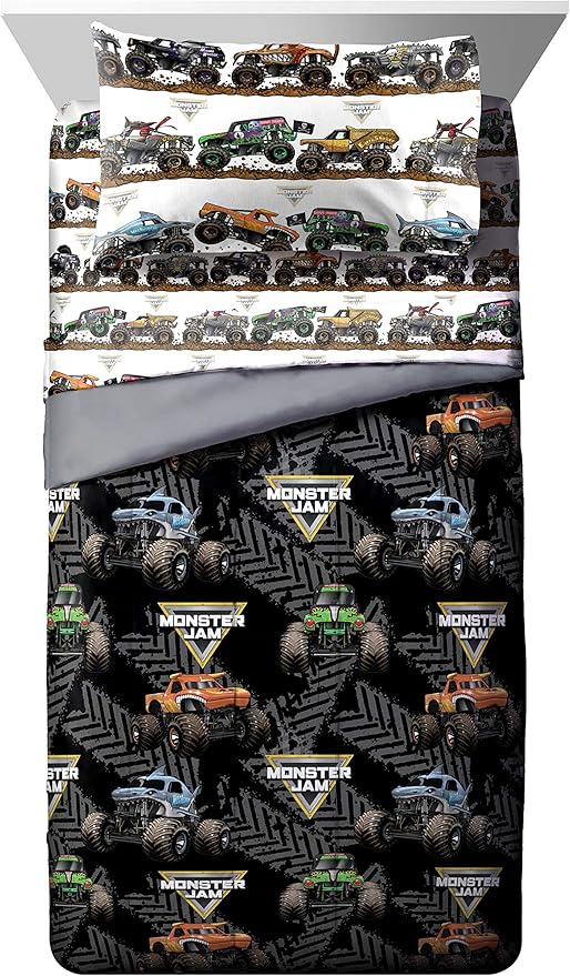 Jay franco Monster Jam Tracks 4 Piece Twin Bed Set - Includes Comforter & Sheet Set - Bedding Features Grave Digger & Megalodon - Super Soft Fade Resistant Microfiber (Official Monster Jam Product)