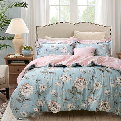 FADFAY Shabby Floral Duvet Cover Set Farmhouse Bedding Blue Cotton Summer Bedding with Hidden Zipper Closure 3 Pieces, 1duvet Cover & 2pillowcases (King/California King Size, Simple Style)