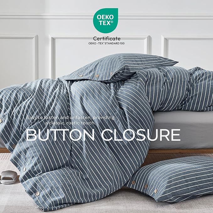 JELLYMONI Cotton Duvet Cover Cal King Size - Blue Pinstriped Comforter Cover with Button 100% Washed Cotton 3PCS Breathable Soft Bedding Set Duvet Cover 104×98in & 2 Pillowcases (NO Comforter)