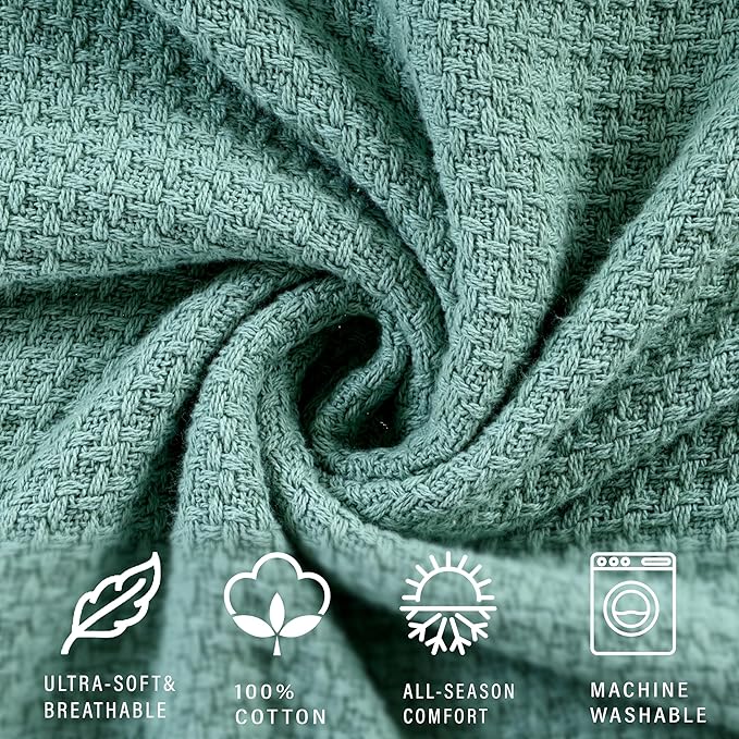 HILLFAIR 100% Combed Cotton Blanket– California King Size Bed Blankets– Warm Soft All Season Breathable Blankets– Extra Large Oversized California King Blanket- Sage Cotton Bed Blankets
