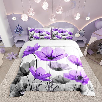 Erosebridal Purple Floral Toddler Bedding Set,Purple and Grey Flower Comforter Set for Kids Girls,Vintage Flowers Bed Set,Farmhouse Wildflower Room Decor with 1 Pillowcase,Lightweight