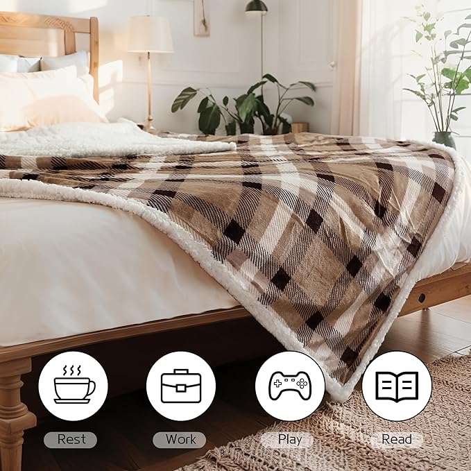 Electric Heated Blanket 72"x84" Full Size, Soft Flannel and Sherpa Double-Sided Material with 4 Heating Levels and 10 Hours Auto-Off, Machine Washable, Cozy Plush Fabric for Home, Brown Plaid