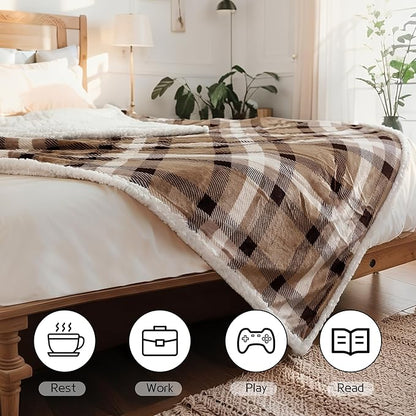 Electric Heated Blanket 72"x84" Full Size, Soft Flannel and Sherpa Double-Sided Material with 4 Heating Levels and 10 Hours Auto-Off, Machine Washable, Cozy Plush Fabric for Home, Brown Plaid
