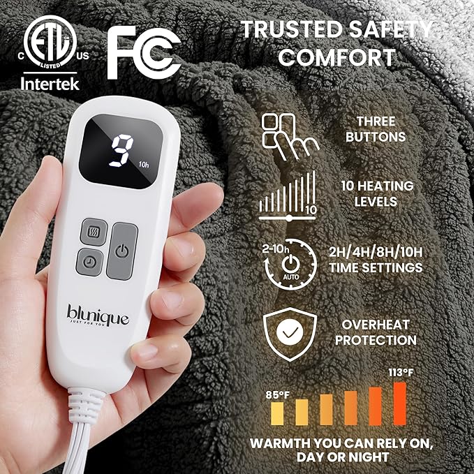 Heated Blanket Electric Blanket Full - Fast Heating Blanket Throw Double Sided Sherpa Ultra Soft Cozy with 10 Heating Levels & 2-10 Hours Auto Off, Mashine Washable, 72 x 84 Inches, Grey