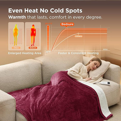 Bedsure Heated Blanket Throw Blanket - Fast Heating Electric Blanket, Soft Flannel Heated Throw with 4 Time Settings, 6 Heating Settings, Gifts for Grandma, Grandpa, Grandkids (50"x60", Burgundy)