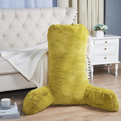 Home Soft Things Fox Faux Fur Bedrest Reading Pillow with Handle, Backrest Armrest Pillow Chair Back Support for Sitting up in Bed, Lemon Curry, 28" x 30" x 17"