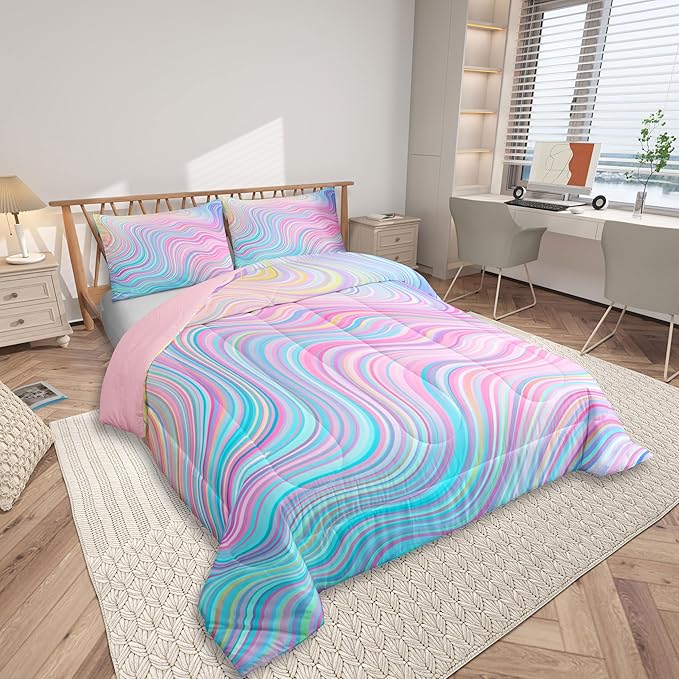 Feelyou Girls Pink Comforter Set Twin Size Kids Rainbow Stripe Bedding Set for Boys Teens Women Die Tye Comforter Breathable Geometric Duvet Princess Decor Quilt,1 Comforter with 1 Pillowcase