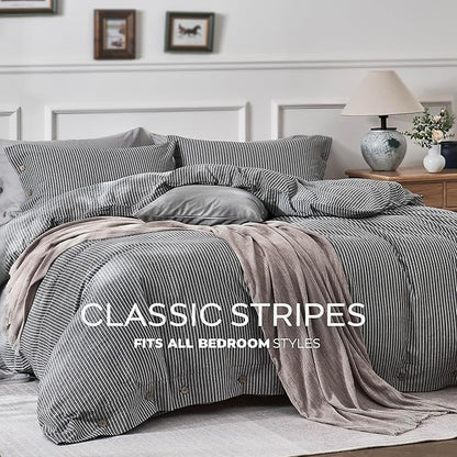 JELLYMONI Cotton Duvet Cover Full Size - Black Vertical Pinstriped Comforter Cover with Button 100% Washed Cotton 3PCS Breathable Soft Solid Bedding Set Duvet Cover 80×90in & 2 Pillowcases