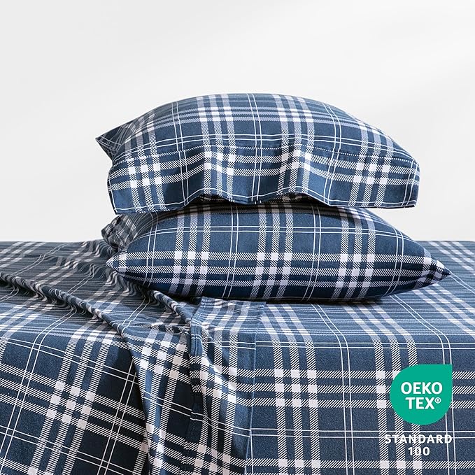 Bare Home Flannel Sheet Set Prints, 100% Cotton, Velvety Soft Heavyweight - Double Brushed Flannel for Extra Softness & Comfort - Deep Pocket - Bed Sheets (King, Stirling Plaid - Blue/White)