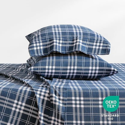 Bare Home Flannel Sheet Set Prints, 100% Cotton, Velvety Soft Heavyweight - Double Brushed Flannel for Extra Softness & Comfort - Deep Pocket - Bed Sheets (Split King, Stirling Plaid - Blue/White)