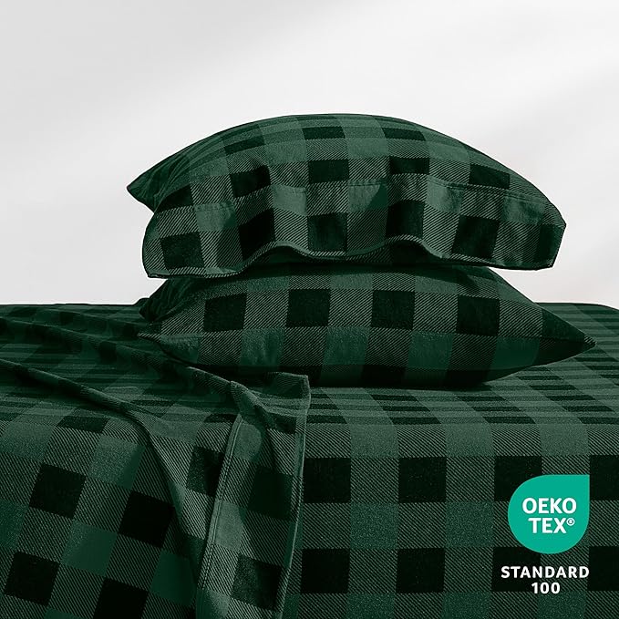 Bare Home Flannel Sheet Set Prints, 100% Cotton, Velvety Soft Heavyweight - Double Brushed Flannel - Deep Pocket (Full, Buffalo Plaid - Forest Green/Black)