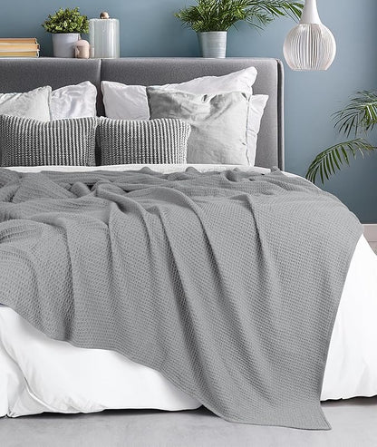 Tex Trend Waffle Blanket – 100% Cotton Blankets Queen Size – Breathable and Soft for Christmas – Suitable for Bed Layering, Sofa - Light Grey (90”x90”)