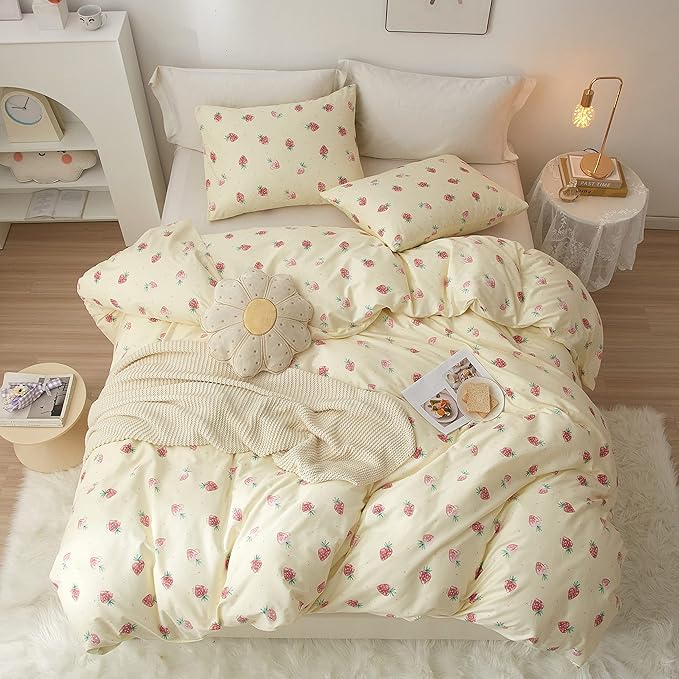 AOJIM Pure Cotton Kids Duvet Cover with Small Strawberries, Soft Bedding Comforter Cover Set 3pcs, 1 Cute Reversible Girls Quilt Cover Twin Size and 2 Pillowcases for Room Deocr, Machine Washable