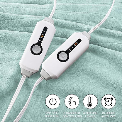 Electric Heated Blanket 90"x100" King Size, Soft Coral Fleece, Dual Controllers with 4 Heating Levels and 10 Hours Auto-Off, Machine Washable, Cozy Plush Fabric for Home, Mint Green