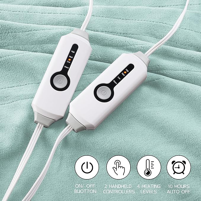 Electric Heated Blanket 84"x90" Queen Size, Soft Coral Fleece, Dual Controllers with 4 Heating Levels and 10 Hours Auto-Off, Machine Washable, Cozy Plush Fabric for Home, Mint Green
