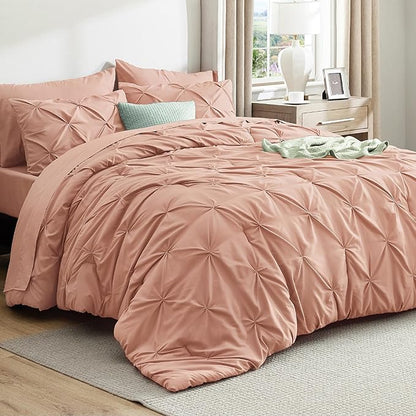 Bedsure California King Comforter Set Dusty Pink - Bed in a Bag California King 7 Pieces, GentleSoft™ Pintuck Bed Set Gift for Family, Pinch Pleat Dusty Pink Comforter with Sheets, Pillowcases & Shams
