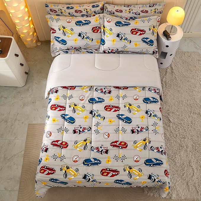 Mooreeke Twin Size Comforter Sets for Boys Kids, 6 Pieces Bed in a Bag Racing Car Bedding Comforter Sheet Set with Shams and Decorative Toy Pillow, Ultral Soft Microfiber Kids Bed Set