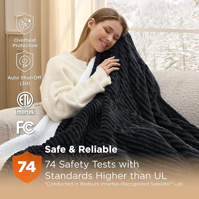 Bedsure GentleSoft Heated Blanket Throw - Soft Ribbed Flannel Electric Blanket, Heating with 4 Time Settings, 6 Heat Settings, and 3 hrs Timer Auto Shut Off, Gifts for Grandma (50x60 inches, Black)