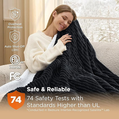 Bedsure GentleSoft Heated Blanket Throw - Soft Ribbed Flannel Electric Blanket, Heating with 4 Time Settings, 6 Heat Settings, and 3 hrs Timer Auto Shut Off, Gifts for Grandma (50x60 inches, Black)